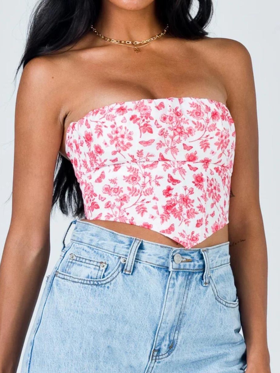Princess Polly Strapless Pink Floral Bandana Crop Top